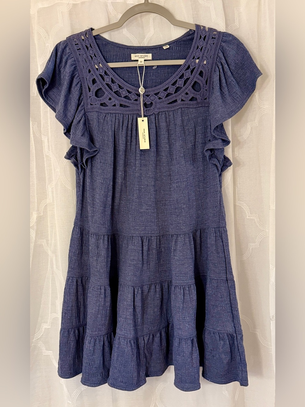 Max Studio London XS NWT Blue Crochet Eyelet Tiered Flutter Sleeve Dress